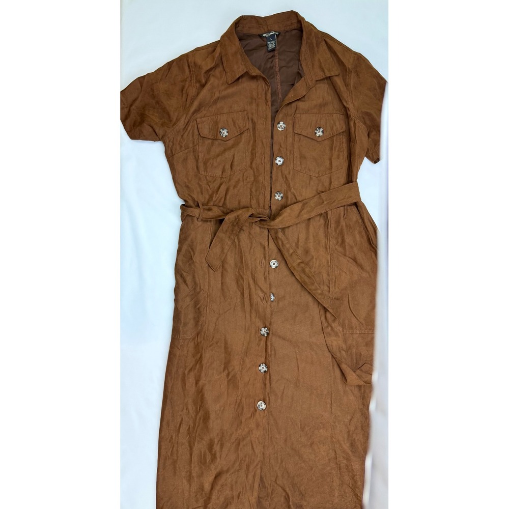 Millenium Womens Brown Short Sleeve Button Front Belted Midi Dress L